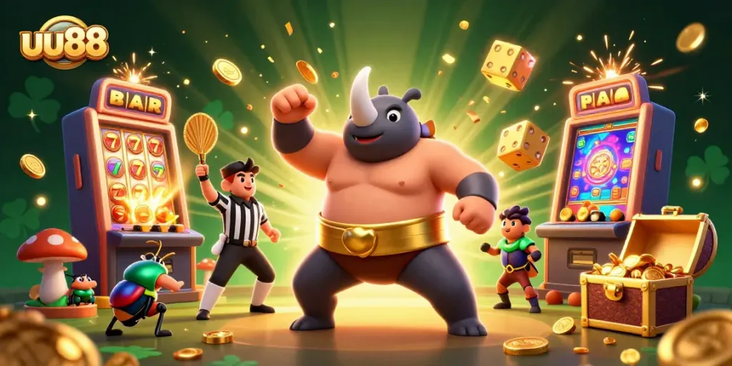 Experience exhilarating wins at uu88 with a thrilling 3D casino scene showcasing vibrant games, coins, and excitement.