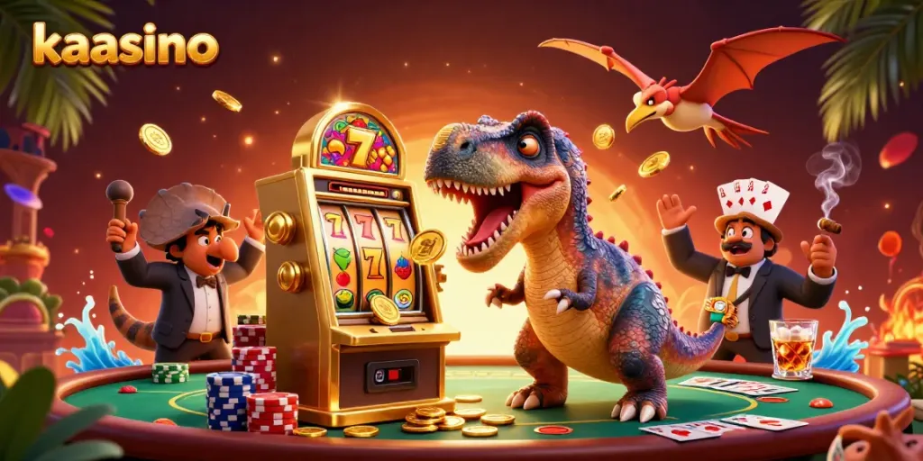 Kaasino casino scene with a pachycephalosaurus winning jackpot coins, highlighting thrilling slot action.