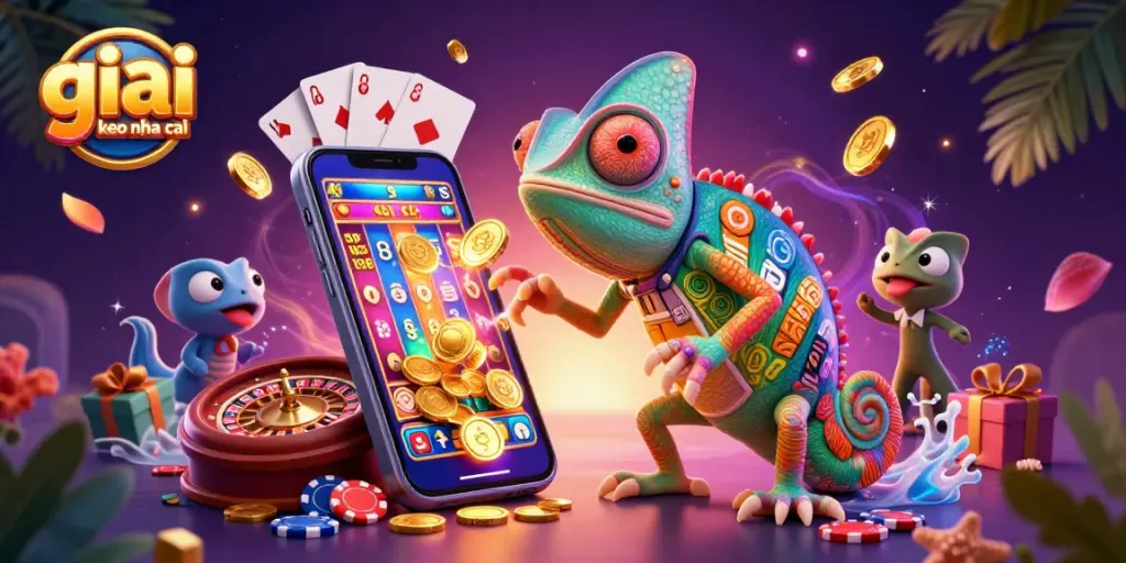 giai ma keo nha cai illustration showcasing a vibrant casino scene with a colorful chameleon and dynamic gaming elements.