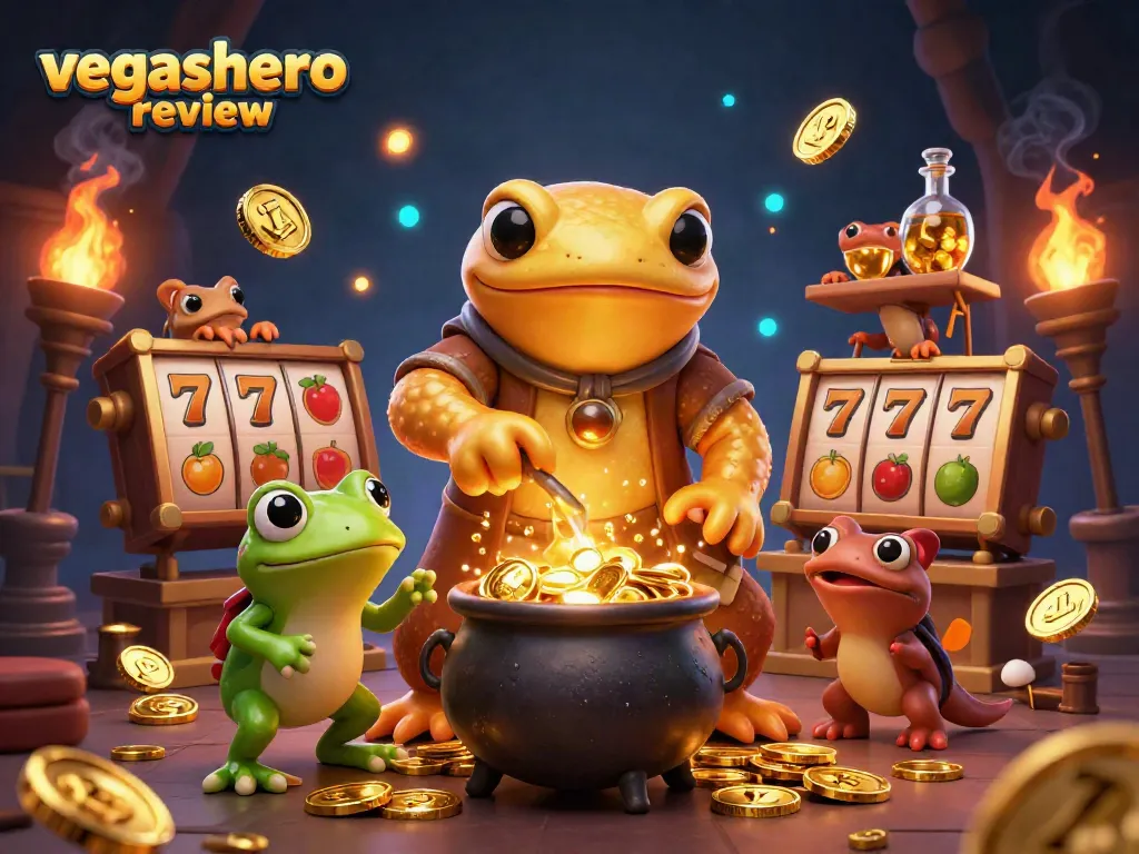 Engage with the vegashero review: explore a playful 3D casino scene depicting an alchemist crafting gold.