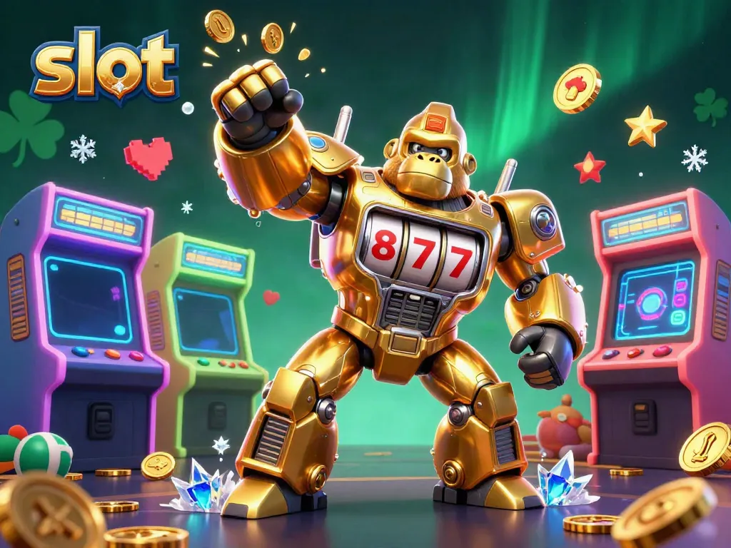 Engaging slot game visual featuring a golden gorilla mech and colorful arcade elements.