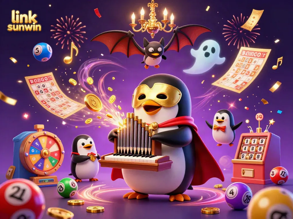 Experience thrilling games with link sunwin as a penguin plays a gold coin organ amid colorful celebrations in a vibrant casino.