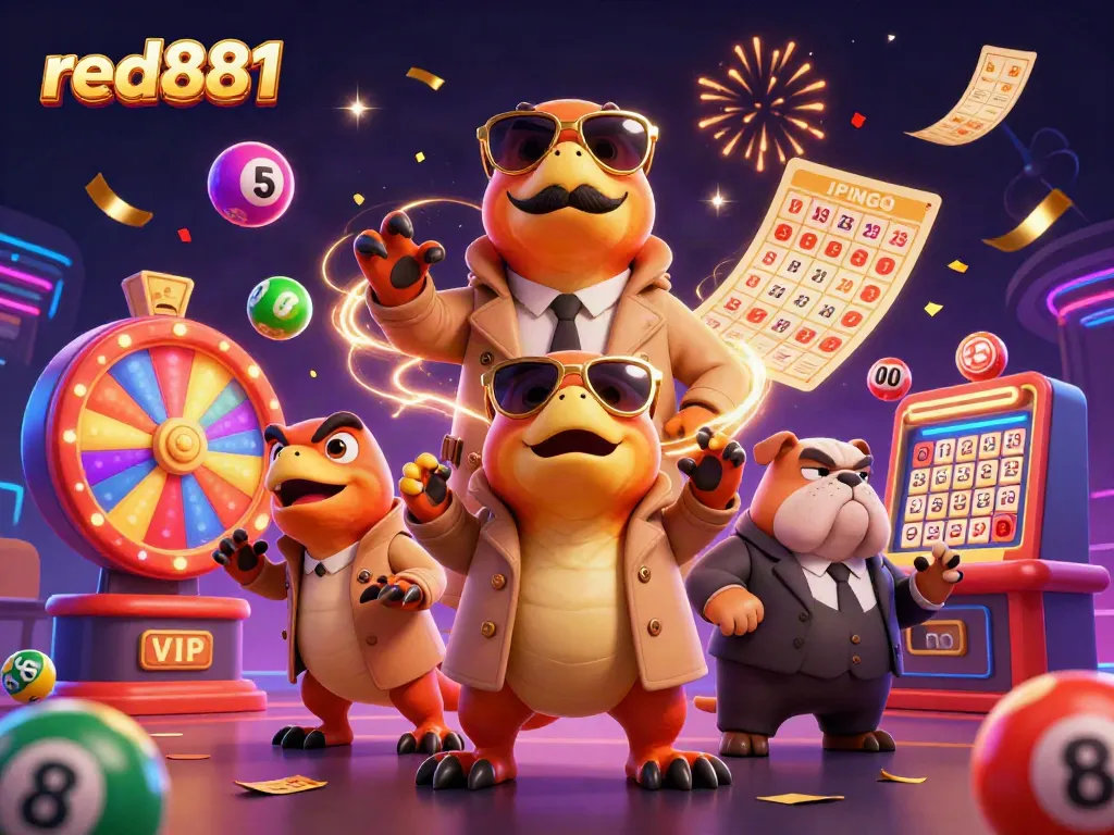 Red881 raptors in a trench coat try to enter a VIP casino while lottery balls bounce around.