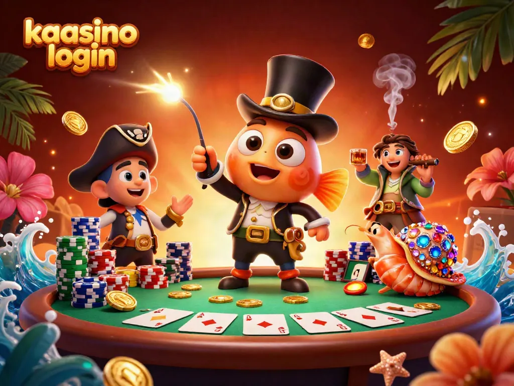 Kaasino login with a cartoon anglerfish and pirate shrimp enjoying the casino atmosphere.