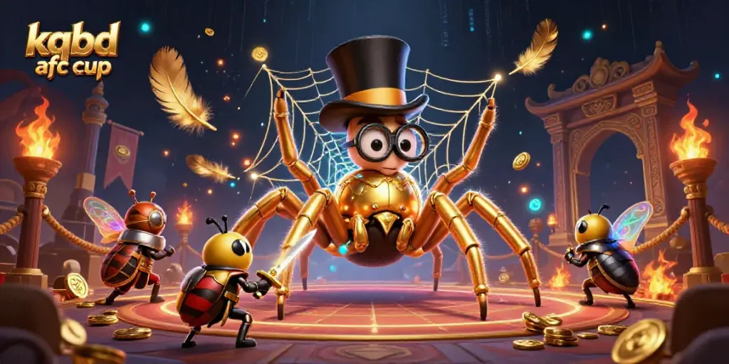 Engaging portrayal of kqbd afc cup with a golden tarantula, beetle knight, and moths in a casino-themed battle