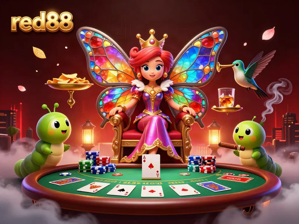 Engage in exciting poker action with the vibrant red88 butterfly queen and colorful poker chips.