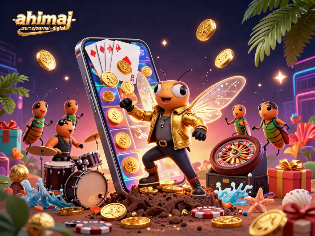 Engaging scene from ahimajournal-digital highlighting a rock star cicada with casino elements illustrating vibrant gambling energy.