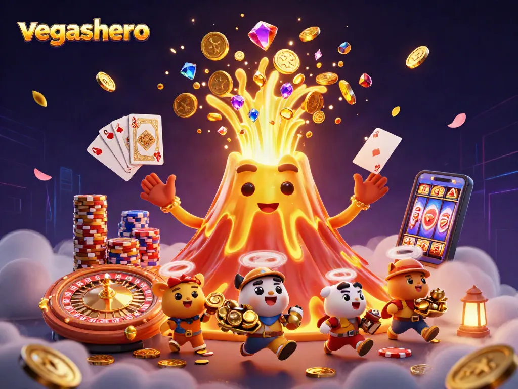 Engage in thrilling gaming action at VegasHero with a dynamic illustration of animated casino elements.