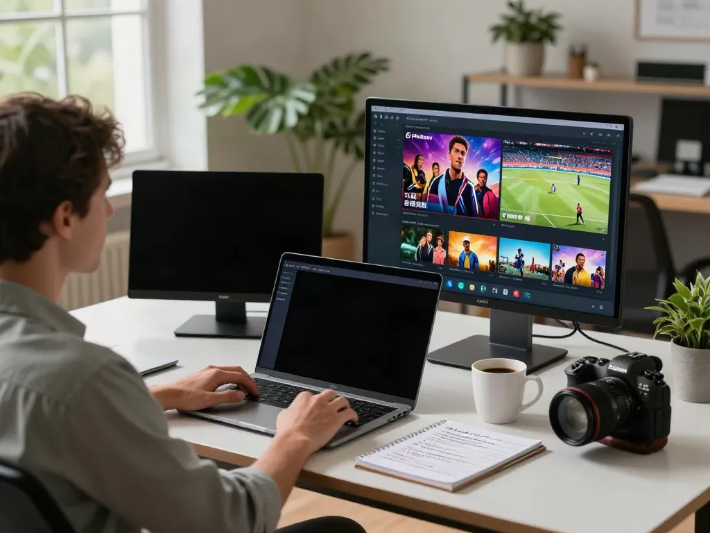 Pikashow windows 11 interface showcasing movies and live IPL cricket in a stylish home office.