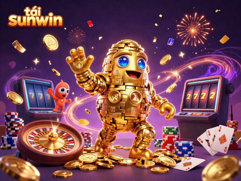 Experience thrilling gameplay with tải sunwin featuring a golden coin golem amidst dynamic casino elements.