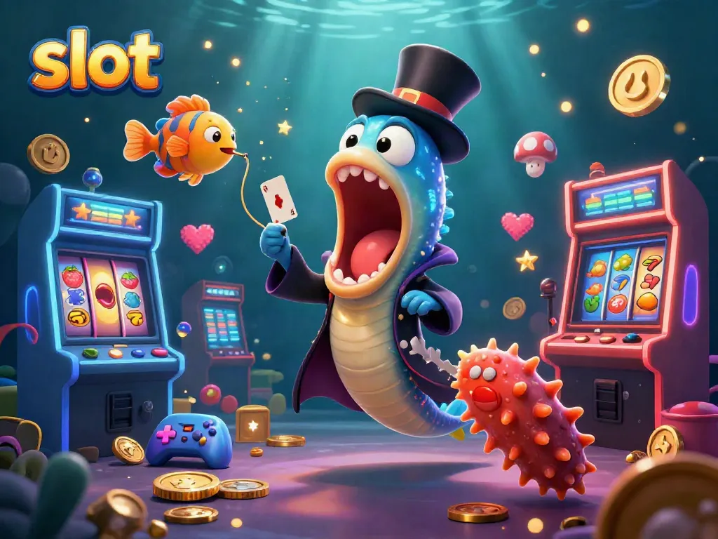 Experience thrilling slot action with a magical twist in this underwater casino scene featuring whimsical sea creatures.