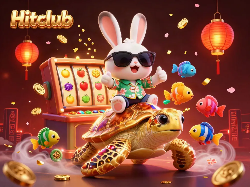 Experience the excitement at Hitclub with a lively scene of a lucky rabbit and golden sea turtle celebrating amidst vibrant casino elements.