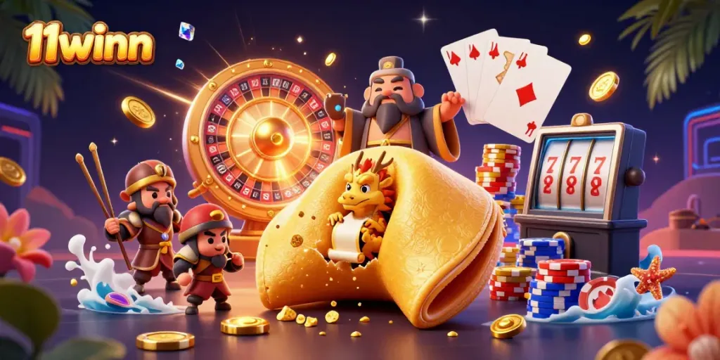Experience the excitement of 11winn with a dynamic casino-themed 3D illustration filled with gold and games.