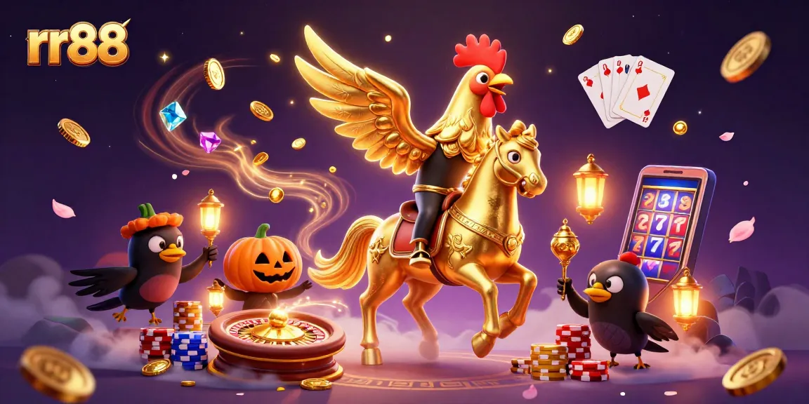 Experience rr88's thrilling casino adventure with golden rooster and magical elements in an enchanting setting.