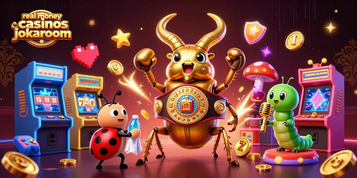 Engage with real money casinos jokaroom and witness a vibrant 3D battle between a giant golden stag beetle and colorful game elements.