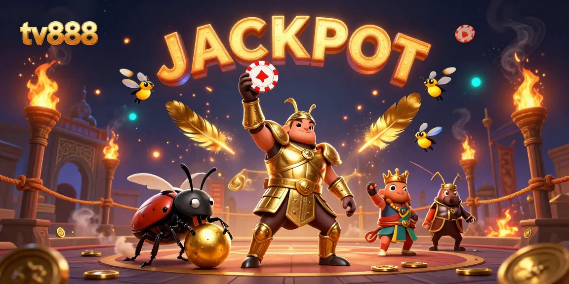 Engage with tv888 as a gladiator beetle celebrates a poker victory in dynamic casino-themed scene.