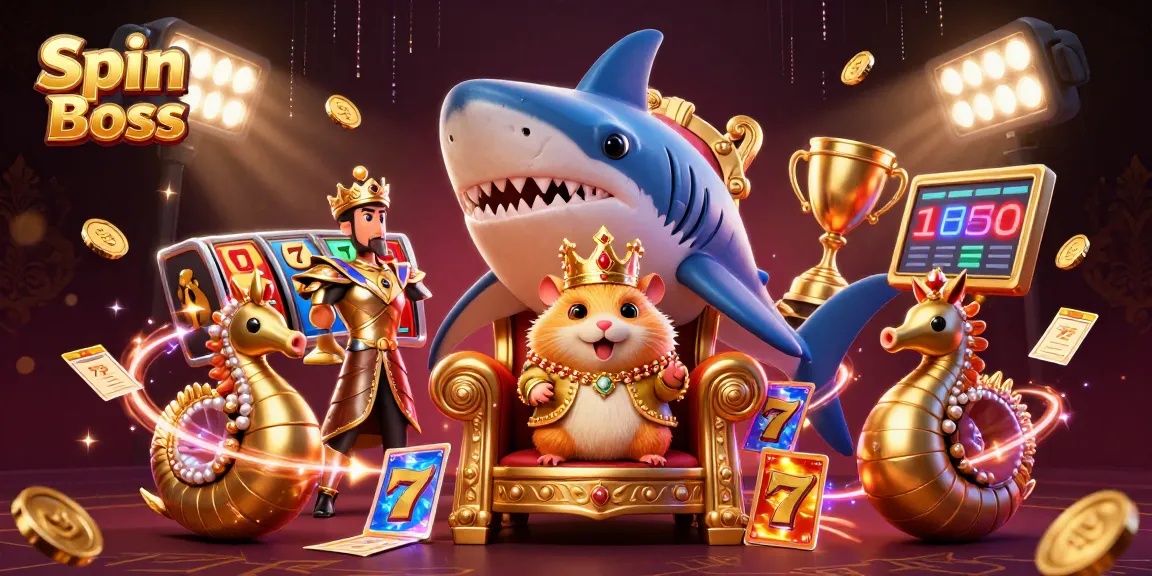Spin Boss showcases a golden hamster king amidst vibrant slot reels and dynamic casino elements.