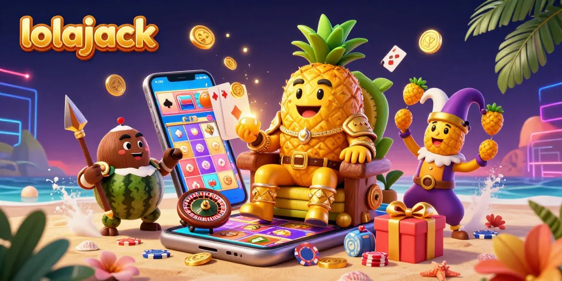 Experience the excitement of lolajack casino with vibrant characters and dynamic game elements in this 3D illustration.