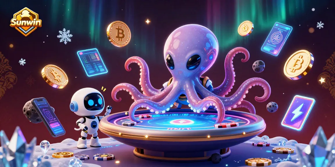 Sunwin gaming experience with an alien octopus managing a holographic poker table and crypto elements.