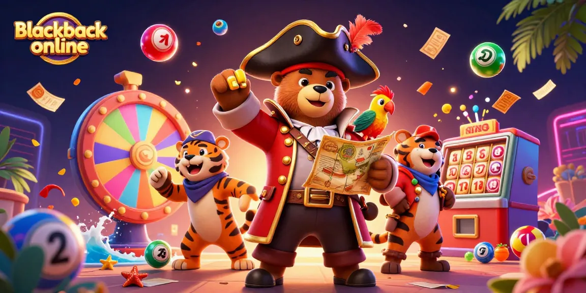 Engage in blackjack online with our animated pirate bear and tiger guiding the adventure.